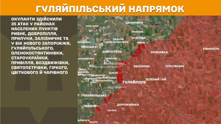 Mapa del sector de Huliaipole, donde el Estado Mayor reportó 35 ataques rusos cerca de Rybne, Dobropillia, Pryluky, Zaliznychne y otras localidades del frente de Zaporizhzhia. (Mapa: Estado Mayor de las Fuerzas Armadas de Ucrania) Mapa del sector de Huliaipole, en Zaporizhzhia, donde Rusia realizó 35 ataques contra posiciones ucranianas durante la última jornada.