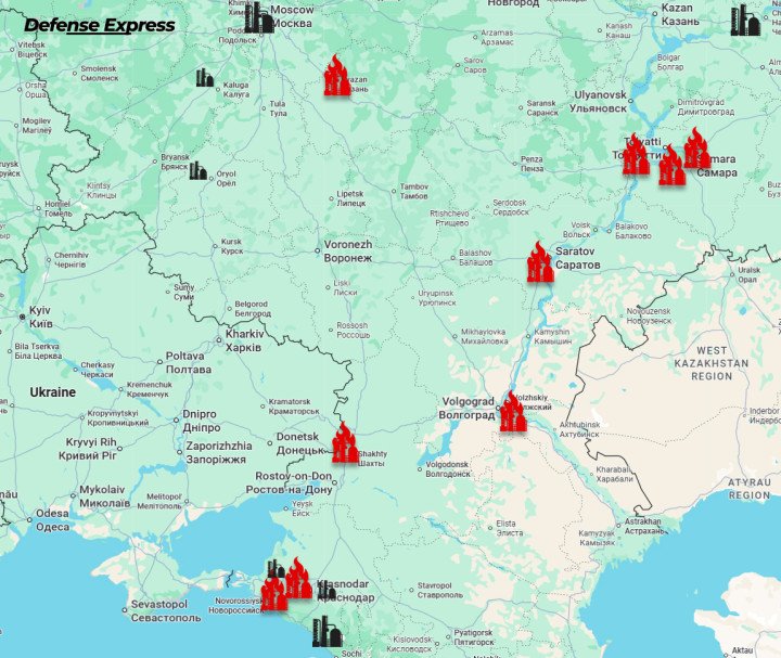 Visual shows key Russian oil refineries hit by Ukrainian long-range drone attacks this month, including sites in Samara, Volgograd, Saratov, and Krasnodar Krai. (Source: Defense Express) Visual shows key Russian oil refineries hit by Ukrainian long-range drone attacks this month, including sites in Samara, Volgograd, Saratov, and Krasnodar Krai. (Source: Defense Express)