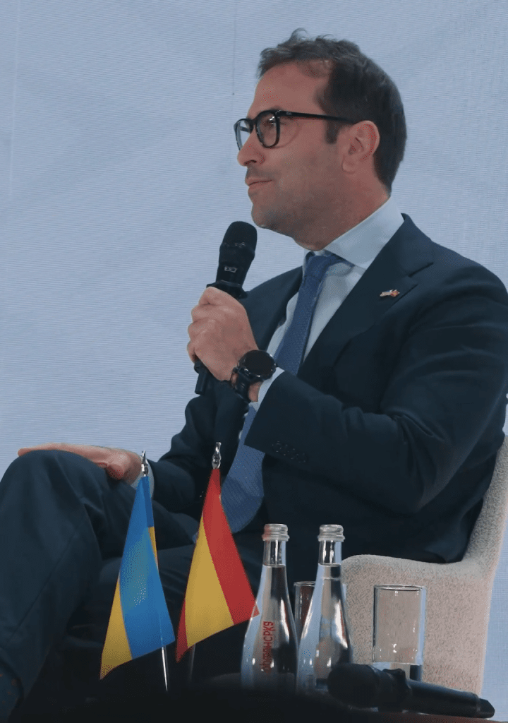Spain’s First Deputy Prime Minister and Economy Minister Carlos Cuerpo speaks at the opening of the Spain–Ukraine Business Summit in Kyiv.