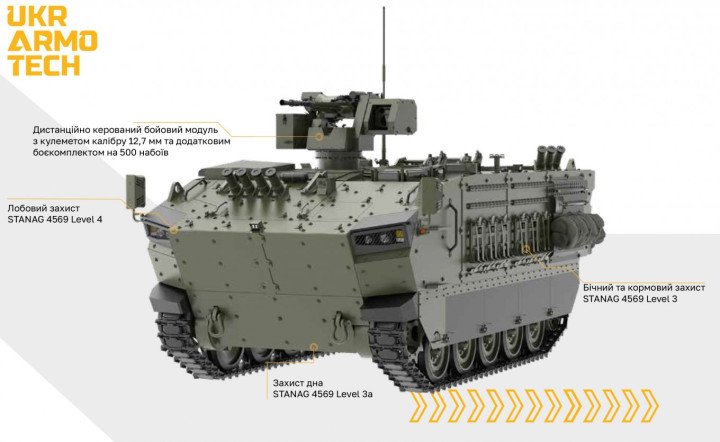 Interior del vehículo blindado Skif con rampa trasera abierta mostrando espacio para tropas y diseño militar ucraniano.