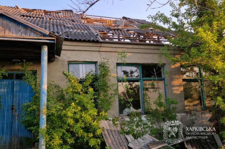 A damaged residential building in the Kharkiv region following a Russian drone strike on May 9, 2026. (Source: Kharkiv Regional Military Administration)
