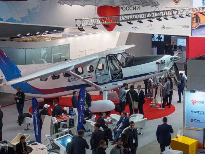 Russian LMS-901 “Baikal” light utility aircraft displayed at the National Aviation Infrastructure Show (NAIS) in Moscow, Russia, in 2022. (Source: Getty Images)