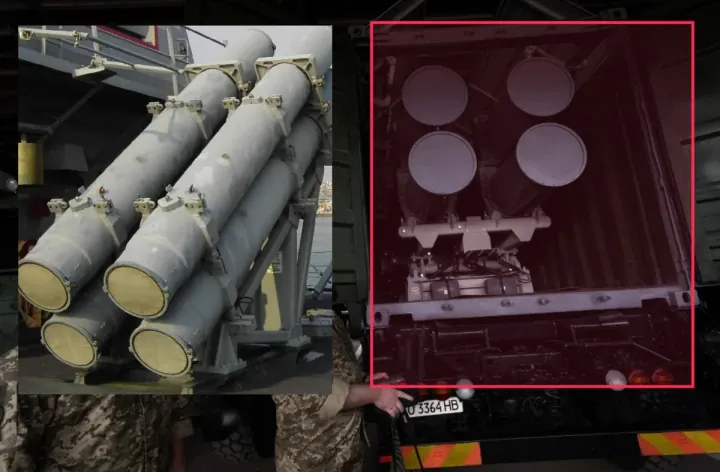 Comparison of a standard Harpoon launcher (left) and Ukraine’s truck-mounted Harpoon coastal defense launcher (right). (Source: Defence Blog / Office of the President of Ukraine) Comparison of a standard Harpoon launcher (left) and Ukraine's truck-mounted Harpoon coastal defense launcher (right). (Source: Defence Blog / Office of the President of Ukraine)