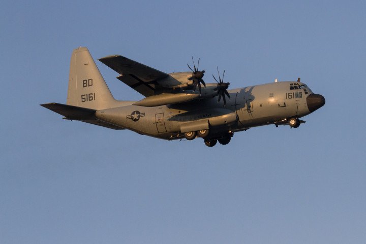 A US Navy Lockheed C-130 T Hercules transport aircraft with the Fleet Logistics Support Squadron 64 (VR-64) flying near NAF Atsugi airbase. (Source: Getty Images) A US Navy Lockheed C-130 T Hercules transport aircraft with the Fleet Logistics Support Squadron 64 (VR-64) flying near NAF Atsugi airbase. (Source: Getty Images)