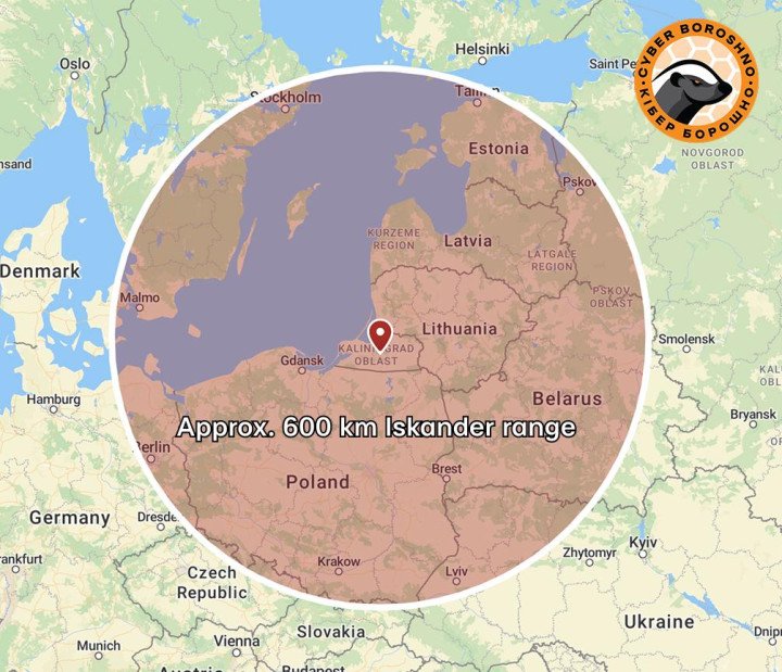 Map showing estimated 600 km range of Iskander missiles from Kaliningrad, covering multiple NATO countries. (Source: CyberBoroshno)