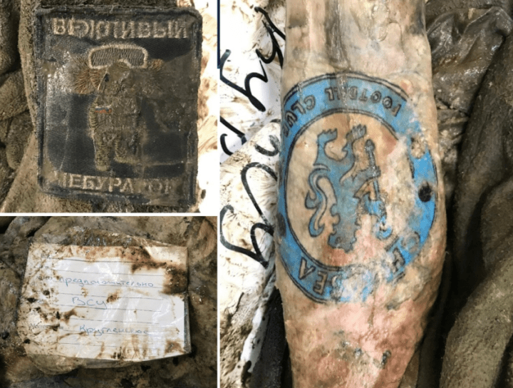 Pruebas recuperadas de los restos repatriados: un parche militar ruso con la etiqueta «Veterano», un tatuaje del Chelsea FC en un cadáver y una nota que identifica incorrectamente el cuerpo como el de un soldado ucraniano. (Fuente: Proyecto «Quiero vivir») Pruebas recuperadas de los restos repatriados: un parche militar ruso con la etiqueta «Veterano», un tatuaje del Chelsea FC en un cadáver y una nota que identifica incorrectamente el cuerpo como el de un soldado ucraniano. (Fuente: Proyecto «Quiero vivir»)