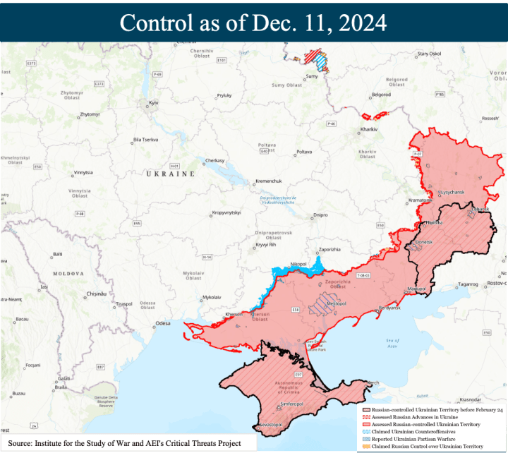 Mapa del conflicto en Ucrania, mostrando las zonas bajo ocupación rusa y por fuerzas respaldadas por Rusia (Fuente: Institute for the Study of War) 