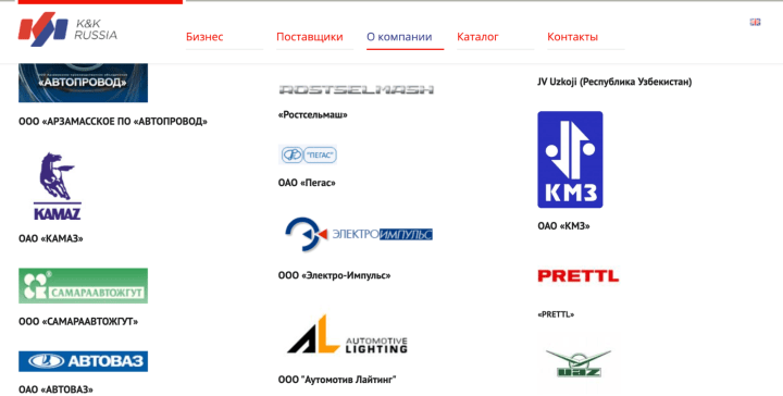 K&amp;K Rus lists sanctioned Russian clients including KAMAZ, UAZ, AvtoVAZ, and others. (Source: Official K&amp;K Rus website / investigation by StateWatch and Investigace.cz.)
