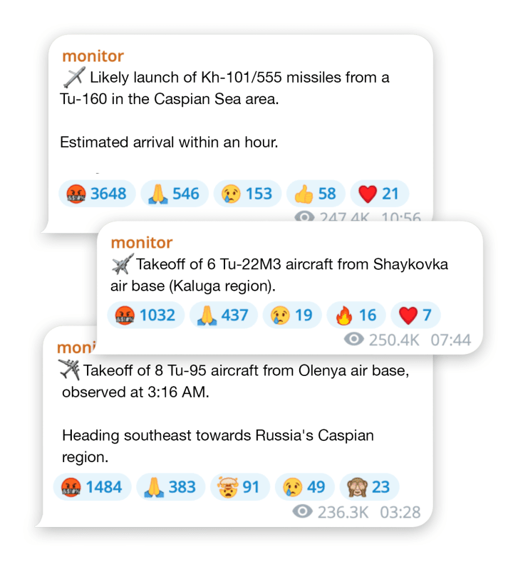 Ukrainian monitoring channels on Telegram alert citizens about Russian aerial attacks. Ukrainian monitoring channels on Telegram alert citizens about Russian aerial attacks.