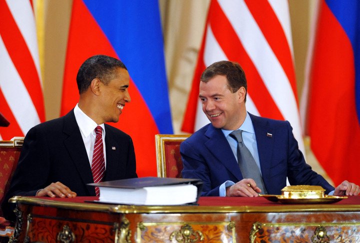 US Barack Obama with his Russian counterpart Dmitry Medvedev as they sign the Strategic Arms Reduction Treaty (START) in Prague on April 8, 2010. (Source: Jewel Samad via Getty Images) US Barack Obama with his Russian counterpart Dmitry Medvedev as they sign the Strategic Arms Reduction Treaty (START) in Prague on April 8, 2010. (Source: Jewel Samad via Getty Images)