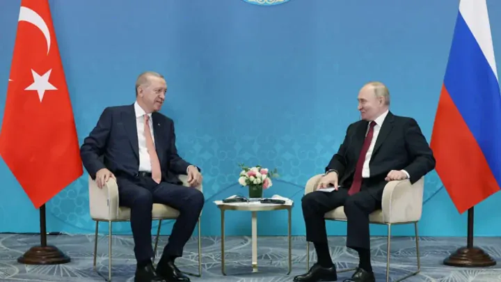 Turkish President Recep Tayyip Erdoğan and Vladimir Putin during a meeting on July 3, 2024, in Kazakhstan. (Source: website of the President of the Republic of Turkey) Turkish President Recep Tayyip Erdoğan and Vladimir Putin during a meeting on July 3, 2024, in Kazakhstan. (Source: website of the President of the Republic of Turkey)