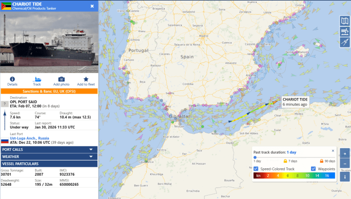 Trayectoria del petrolero Chariot Tide registrada por sistemas de seguimiento marítimo en los días posteriores a su escolta desde aguas cercanas a España hasta el puerto de Tánger Med, en Marruecos. (Photo: VesselFinder)