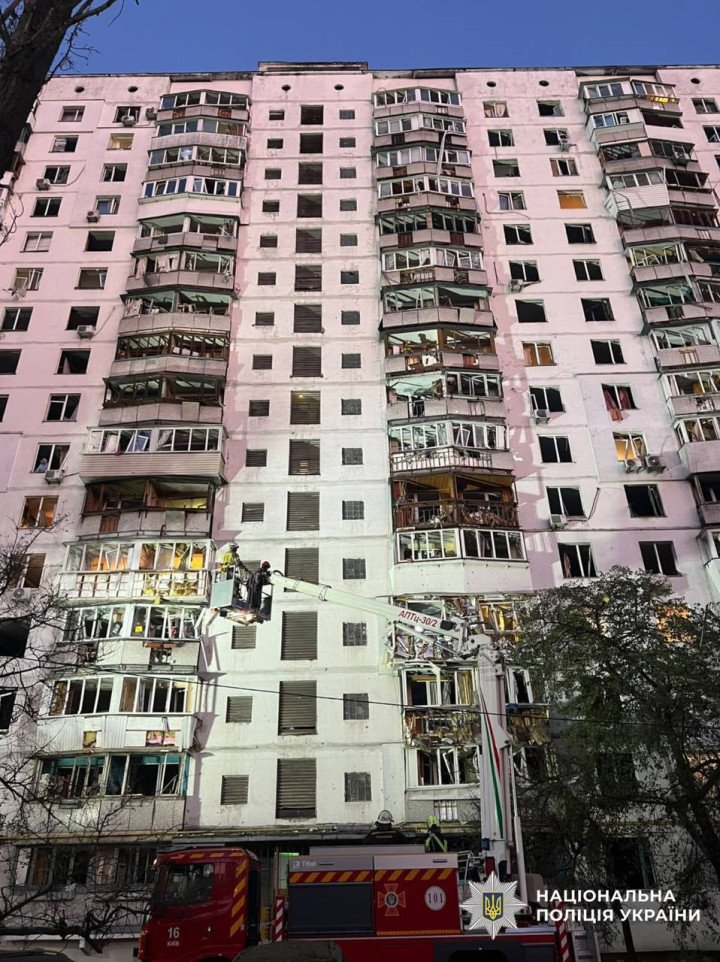Emergency crews work outside a residential building damaged in a Russian missile attack on Kyiv on September 17, 2026. (Source: National Police of Ukraine)