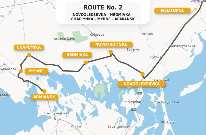 The second route through Hromivka, Chaplynka, Myrne, and Armiansk. (Source: Russian-installed head of the occupation administration in the Kherson region Vladimir Saldo) The second route through Hromivka, Chaplynka, Myrne, and Armiansk. (Source: Russian-installed head of the occupation administration in the Kherson region Vladimir Saldo)