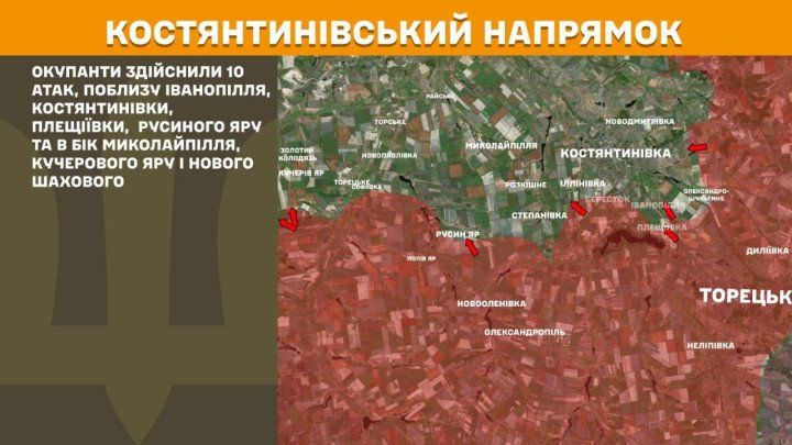 Mapa del sector de Kostiantynivka, donde las fuerzas rusas realizaron 10 ataques cerca de Ivanopillia, Kostiantynivka, Pleshchiivka, Rusyn Yar y en dirección a Mykolaipillia, Kucheriv Yar y Nove Shakhove. (Mapa: Estado Mayor de las Fuerzas Armadas de Ucrania) Mapa del sector de Kostiantynivka, donde Rusia llevó a cabo 10 ataques contra posiciones ucranianas.