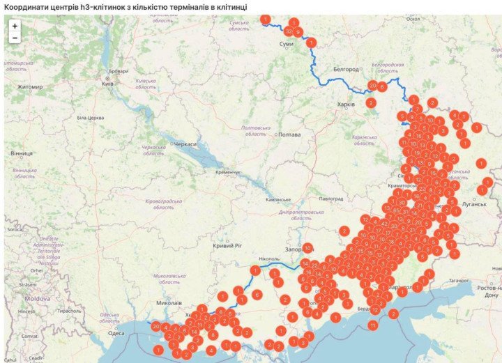 Mapa que muestra la densidad de terminales de comunicaciones rusas vulneradas a lo largo de la línea del frente en el este y el sur de Ucrania, con puntos críticos cerca de Kherson, Zaporizhzhia, Donetsk y Luhansk. (Fuente: HUR)