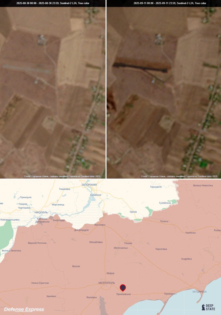 Satellite imagery comparison shows runway resurfacing at the Pryazovske airfield between August 30 and September 11, 2025, confirming recent Russian activity. (Source: Copernicus Sentinel / European Union, Defense Express / DeepStateMap)