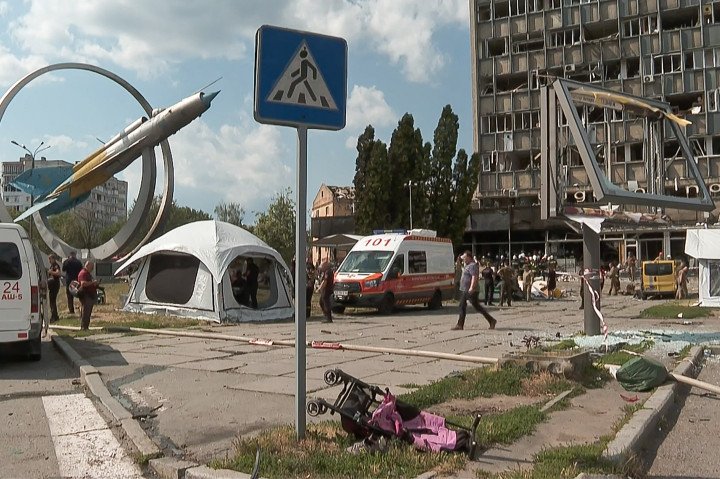 A stroller lying on the ground after Russian missiles have struck Vinnytsia, in central Ukraine, killing at least 20 people including three children, in what President Volodymyr Zelenskyy called "an open act of terrorism". (Photo by SERGII VOLSKYI/AFP via Getty Images)