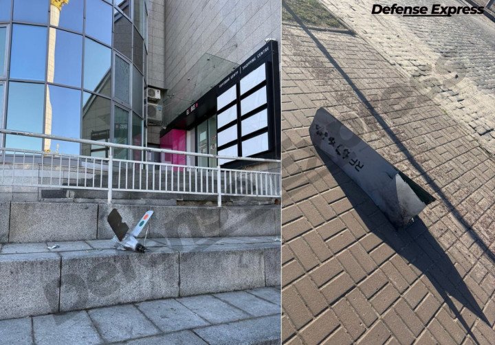 Debris believed to be part of a Russian Lancet loitering munition found near a building in central Kyiv following a drone attack. (Source: Defence Express)