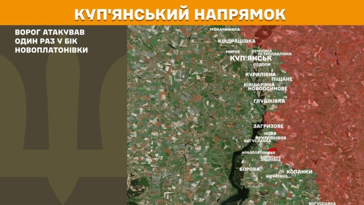 Mapa logístico del frente de Kupiansk mostrando un único asalto ruso rechazado hacia Novoplatonivka.