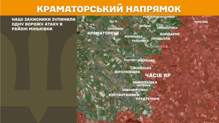 Mapa del sector de Kramatorsk, en Donetsk, donde Ucrania detuvo un ataque ruso cerca de Minkivka.