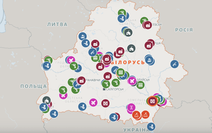  An interactive map published by Schemes and Radio Svoboda’s Belarus Service marks 150 military sites across Belarus, including air bases, ammunition depots, training ranges, logistics hubs, and abandoned Soviet-era facilities that analysts say could support future Russian military deployments. (Source: Schemy/Radio Svoboda)