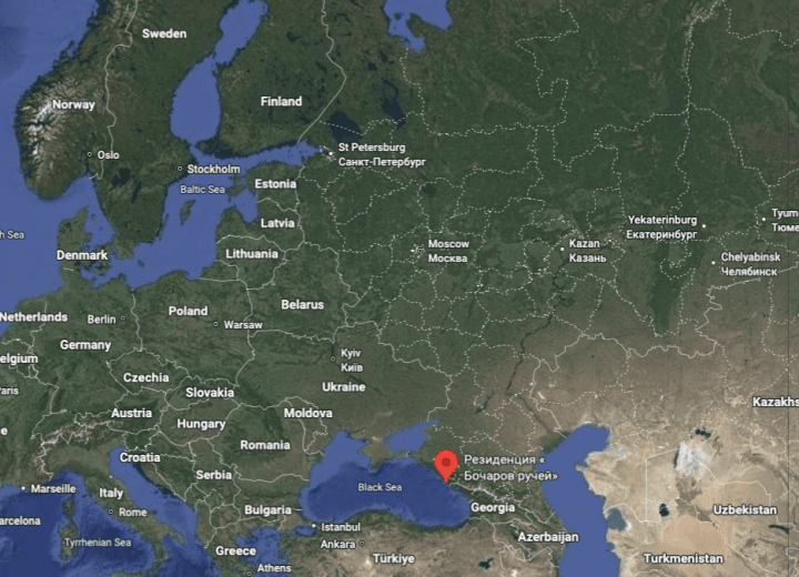 The location of the “Bocharov Ruchei” Putin’s residence, located South of Moscow and destroyed recently (source: Google Maps). The location of the “Bocharov Ruchei” Putin’s residence, located South of Moscow and destroyed recently (source: Google Maps).