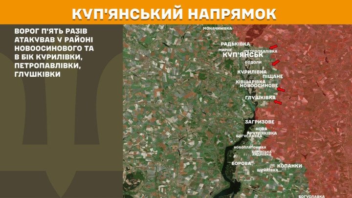 Mapa del frente de Kupiansk con ataques rusos señalados hacia Kurylivka y Petropavlivka.