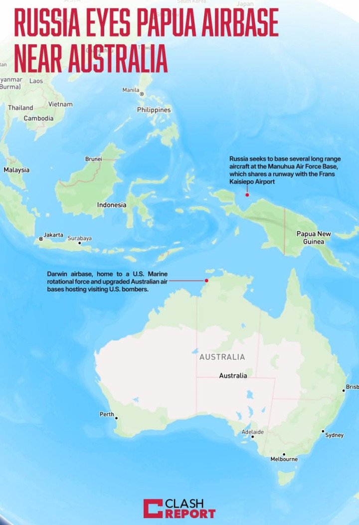 Location of Indonesia’s Manuhua airbase, which Russia previously sought to access, shown in an infographic. (Source: Clash Report)