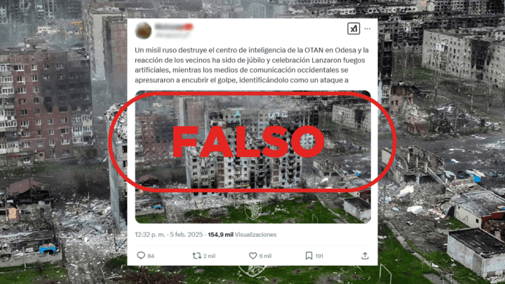 Imagen manipulada de Bajmut en 2023 presentada falsamente como ataque ruso actual en Odesa