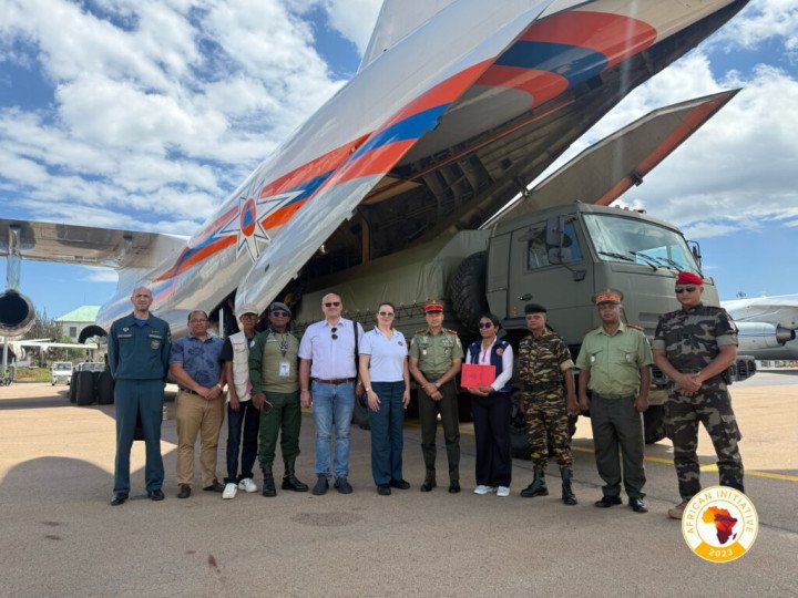 KamAZ trucks delivered by a Russian Il-76 military transport aircraft in Madagascar on February 23, 2026. (Source: African Initiative)