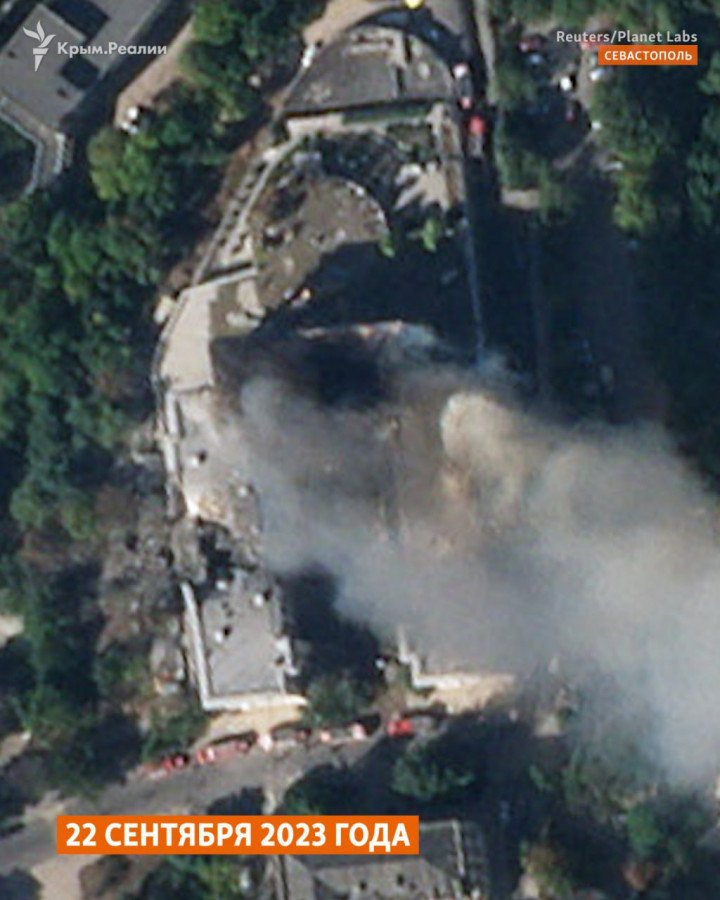 Damaged headquarters building of Russia’s Black Sea Fleet in occupied Sevastopol following a missile strike on September 22, 2023. (Source: Krym.Realii)