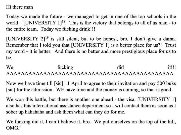 Captura de pantalla de un mensaje enviado por Sergey Cherkasov, a quien Estados Unidos acusa de ser un espía ruso. (Fuente: Departamento de Justicia de EEUU)