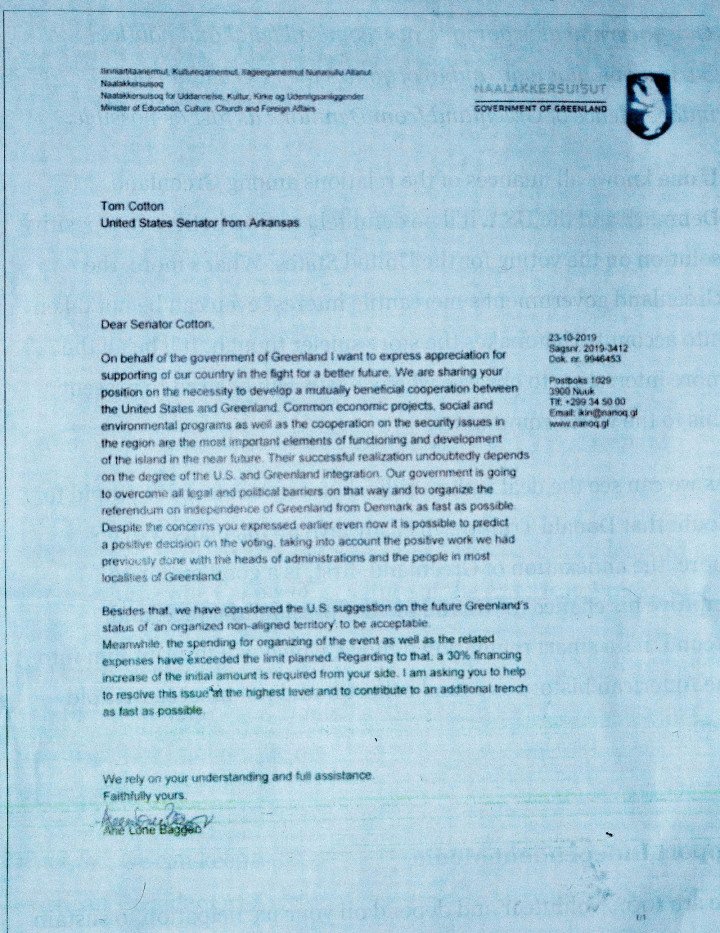 The forged fundraising letter in which Russia reportedly floated the idea of the US purchasing Greenland to Arkansas Senator Tom Cotton, according to Danish intelligence, 2019. (Source: Martin Lehmann/POLFOTO) The forged fundraising letter in which Russia reportedly floated the idea of the US purchasing Greenland to Arkansas Senator Tom Cotton, according to Danish intelligence, 2019. (Source: Martin Lehmann/POLFOTO)