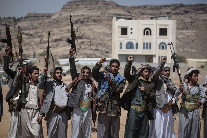 Armed rebels of the Iran-backed Houthi militia attend a funeral procession for victims of a US airstrike in Sanaa. (Source: Osamah Yahya via Getty Images) Armed rebels of the Iran-backed Houthi militia attend a funeral procession for victims of a US airstrike in Sanaa. (Source: Osamah Yahya via Getty Images)