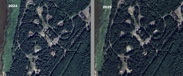 Satellite imagery shows six air defense launchers, support vehicles, and radars on Yagry Island that disappeared between 2024 and 2025. (Source: Google Earth) Satellite imagery shows six air defense launchers, support vehicles, and radars on Yagry Island that disappeared between 2024 and 2025. (Source: Google Earth)