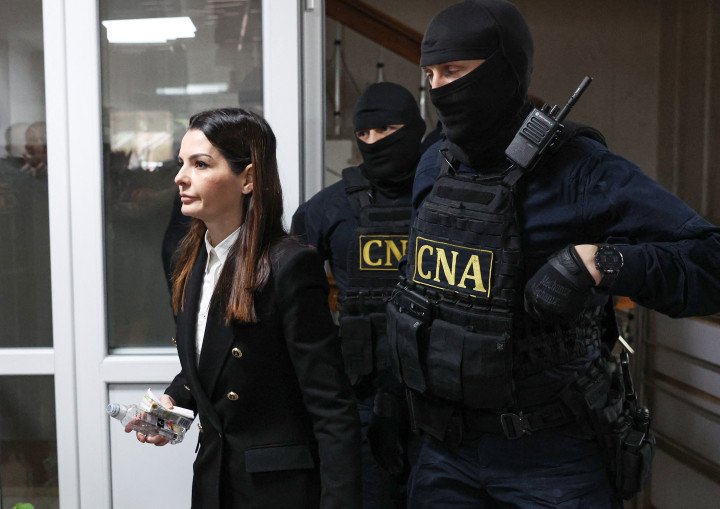 Gagauzia leader Evghenia Guțul escorted by Moldova’s anti-corruption police at the Chisinau court, March 28, 2025. (Source: Getty Images)