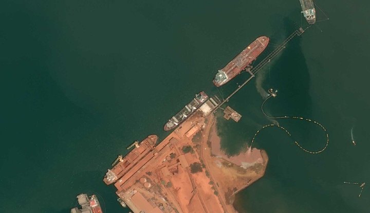 The Russian cargo ship Sabetta unloads military equipment at the port of Conakry, Guinea, on March 21, 2026. (Source: Airbus)