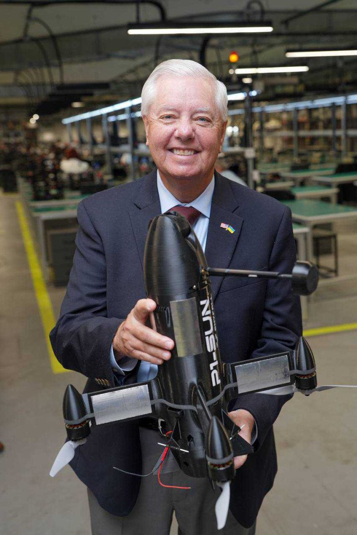 US Senator Lindsey Graham holds a SkyFall P1-SUN interceptor drone during a visit to the company’s production facility in Ukraine on July 11, 2026. (Source: SkyFall) US Senator Lindsey Graham holds a SkyFall P1-SUN interceptor drone during a visit to the company's production facility in Ukraine on July 11, 2026. (Source: SkyFall)
