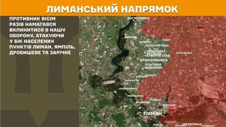 Mapa de situación del eje de Lyman señalando los ocho intentos de avance ruso repelidos.