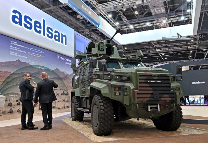 The Korkut 100/25 SB mobile anti-drone air defense system displayed at DSEI UK 2025 in London. (Source: Getty Images)