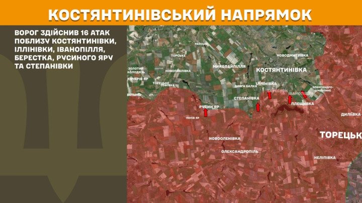 Mapa del sector de Kostiantynivka, donde las fuerzas rusas realizaron 16 ataques contra posiciones ucranianas durante la última jornada. (Mapa: Estado Mayor de las Fuerzas Armadas de Ucrania) Mapa del sector de Kostiantynivka, donde Rusia lanzó 16 ataques cerca de Kostiantynivka, Illinivka, Ivanopillia, Berestok, Rusyn Yar y Stepanivka.