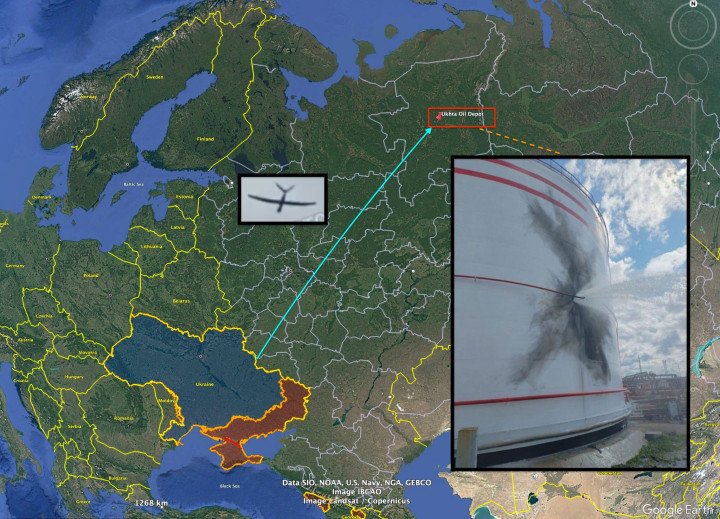 Composite image showing a map of Europe and Russia with a marked route to the Ukhta Oil Depot in the Komi Republic, inset of a drone silhouette, and close-up damage to an oil storage tank. (Photo: Open source) Composite image showing a map of Europe and Russia with a marked route to the Ukhta Oil Depot in the Komi Republic, inset of a drone silhouette, and close-up damage to an oil storage tank. (Photo: Open source)