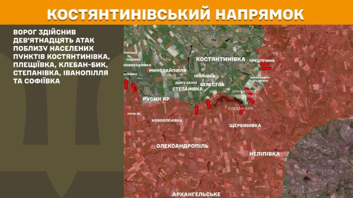 mapa del frente en kostiantynivka con 19 ataques rusos cerca de pleshchiivka kleban-byk ivanopillia y sofiivka el 11 de abril de 2026