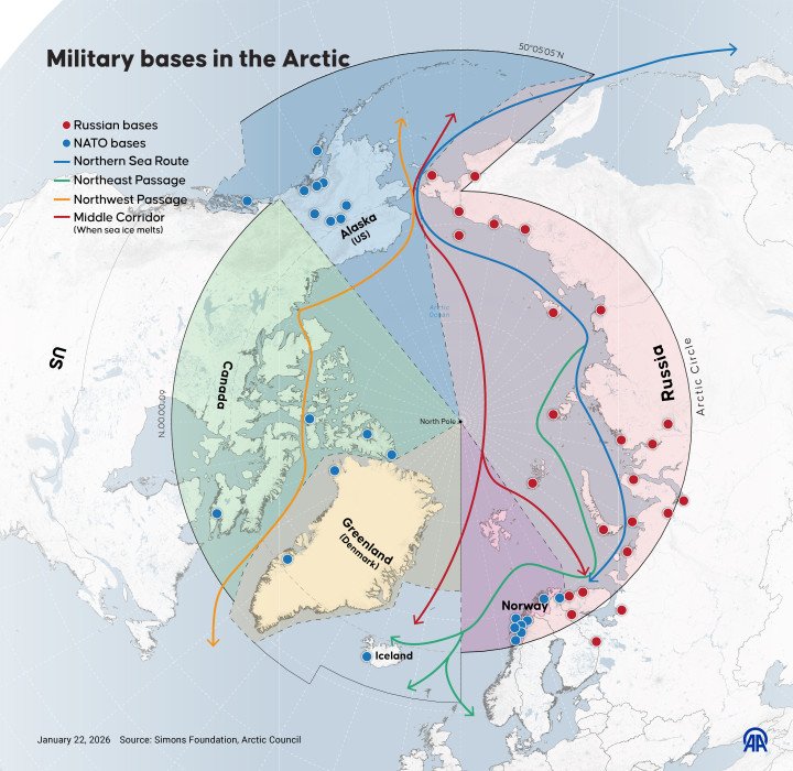Infographic showing the distribution of military bases across the Arctic region. (Source: Getty Images) Infographic showing the distribution of military bases across the Arctic region. (Source: Getty Images)