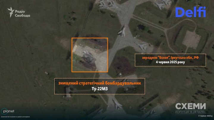 Destroyed Tu-22M3 strategic bomber captured at Belaya airbase. (Source: Schemes / Radio Free Europe / Planet Labs) Destroyed Tu-22M3 strategic bomber captured at Belaya airbase. (Source: Schemes / Radio Free Europe / Planet Labs)