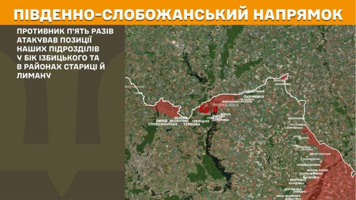 Mapa militar del frente de Kharkiv enfocado en el eje de Slobozhanskyi Sur. Muestra la línea de contacto y señala la dirección de los cinco asaltos de infantería rusos hacia Izbytske, Starytsia y Lyman.
