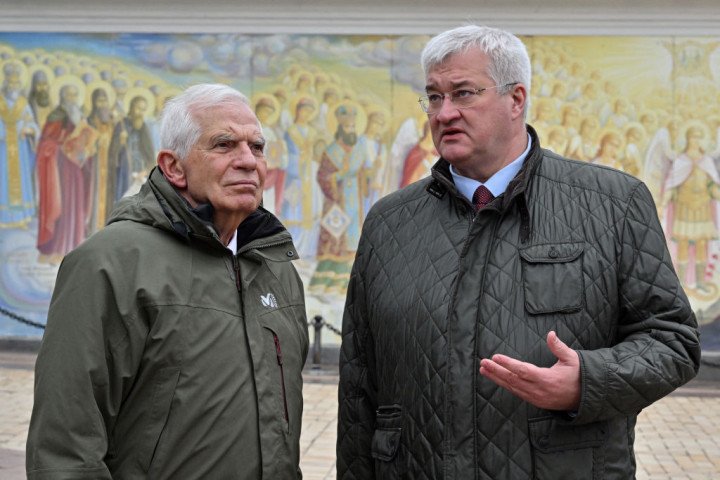 High Representative of the European Union for Foreign Affairs and Security Policy Josep Borrell and Ukraine’s Foreign Minister Andrii Sybiha (R) speak in front of frescos as they visit the Saint Michael’s Cathedral in Kyiv, on November 9, 2024. (Getty Images) High Representative of the European Union for Foreign Affairs and Security Policy Josep Borrell and Ukraine’s Foreign Minister Andrii Sybiha (R) speak in front of frescos as they visit the Saint Michael’s Cathedral in Kyiv, on November 9, 2024. (Getty Images)