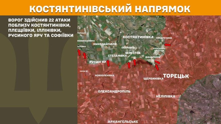 Mapa del frente en Kostiantynivka mostrando múltiples ataques rusos en el sector