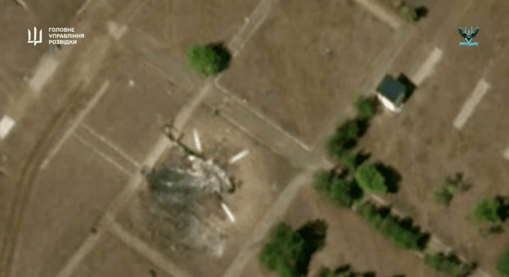 Russian Mi-8 helicopter destroyed by Ukraine’s Prymary unit in occupied Crimea. (Source: HUR)